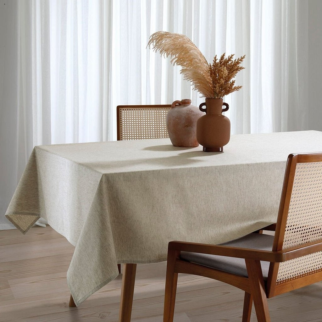Beige Linen-Blend Rectangular Tablecloth for 8 Seats