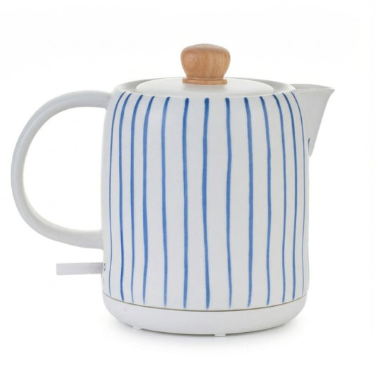 White and Blue Striped Porcelain Electric Kettle