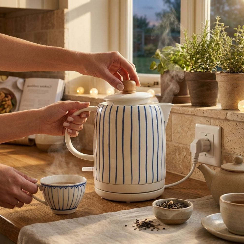 White and Blue Striped Porcelain Electric Kettle