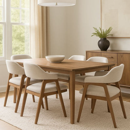 Beige Upholstered Dining Chair with Wooden Base