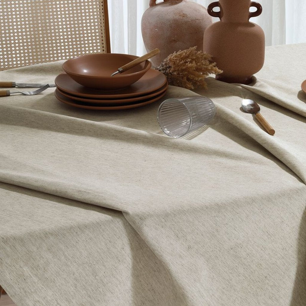 Beige Linen-Blend Rectangular Tablecloth for 8 Seats
