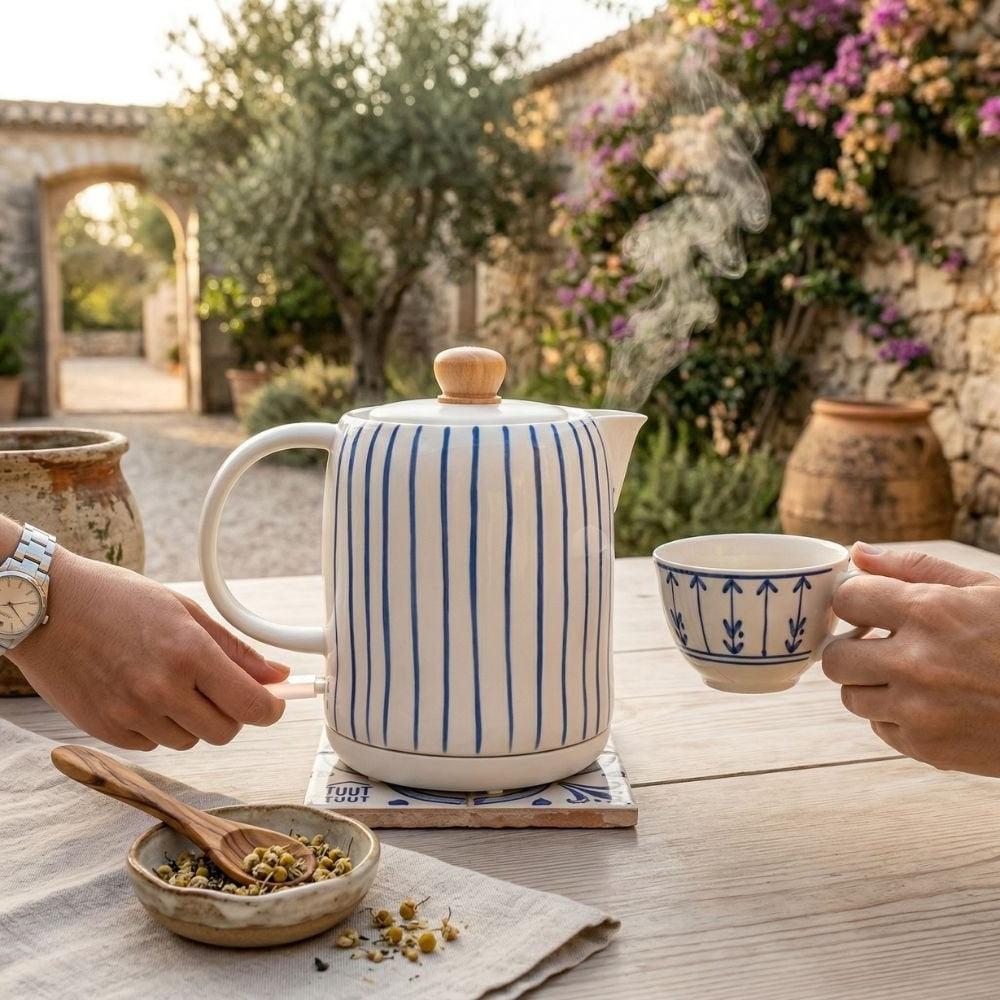 White and Blue Striped Porcelain Electric Kettle