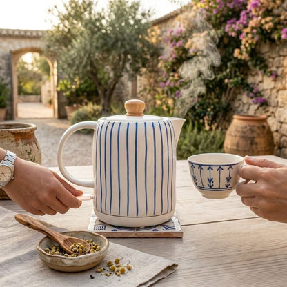 White and Blue Striped Porcelain Electric Kettle