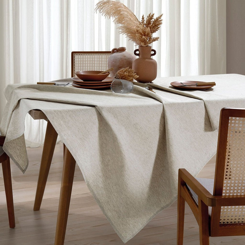 Beige Linen-Blend Rectangular Tablecloth for 8 Seats