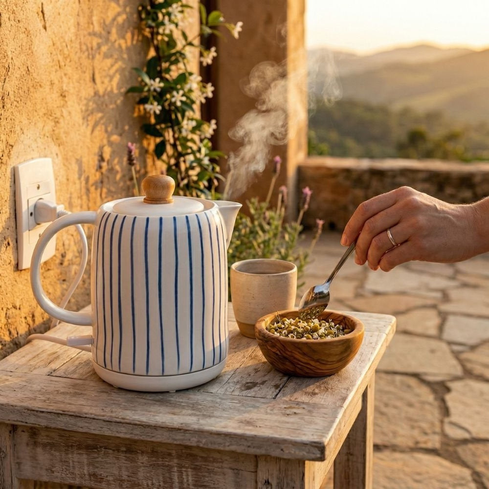 White and Blue Striped Porcelain Electric Kettle