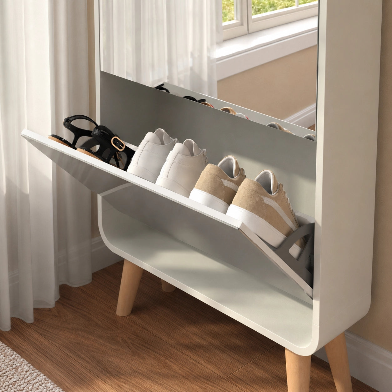 Mirror Shoe Cabinet 4 Flip Drawers