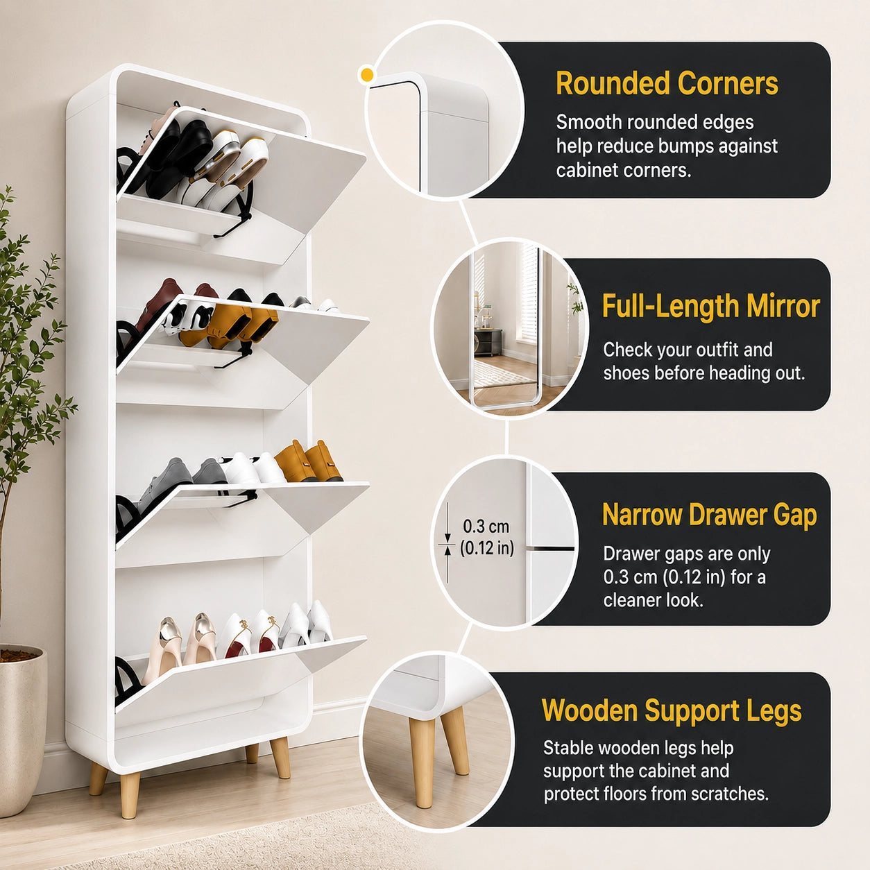 Mirror Shoe Cabinet 4 Flip Drawers