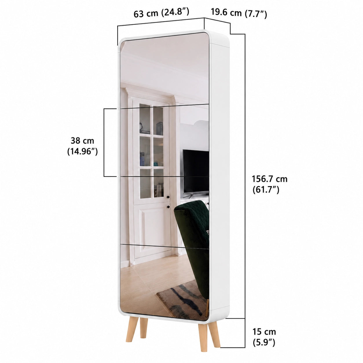 Mirror Shoe Cabinet 4 Flip Drawers