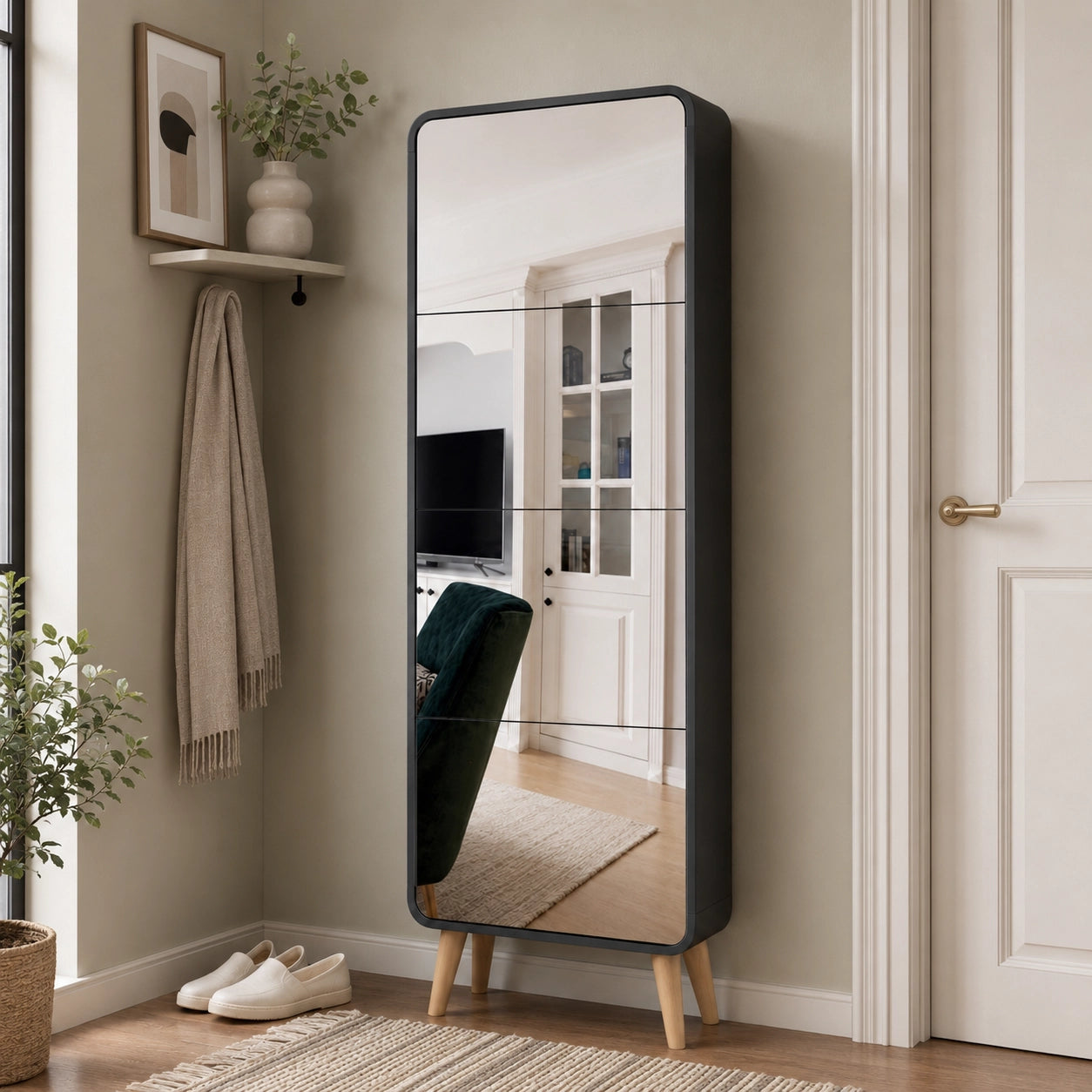 Mirror Shoe Cabinet 4 Flip Drawers